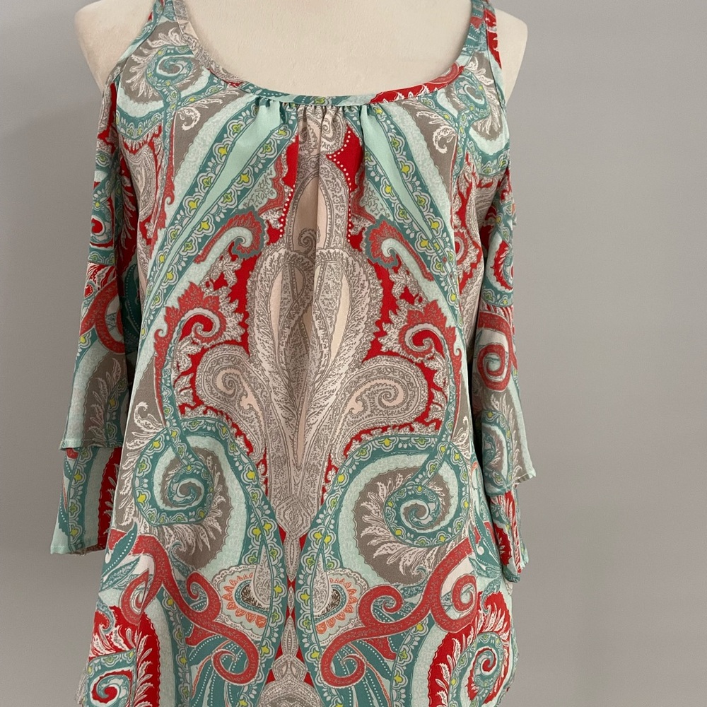 Ecru Layered Reddish Orange and Mint Green Blouse with 3/4 Sleeves